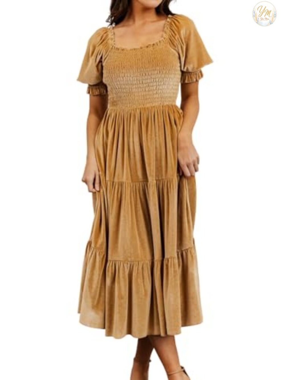 Velvet Smocked Midi Dress Square Neck Puff Sleeve Ruffle Tiered Fall Winter